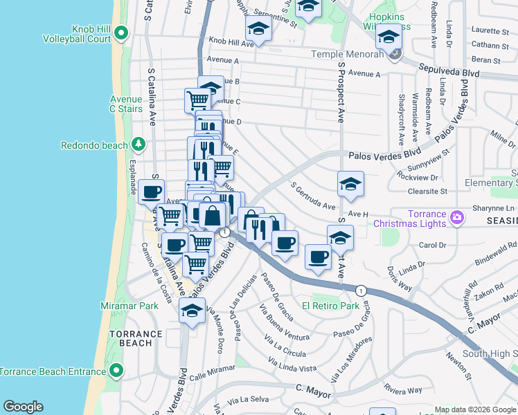 map of restaurants, bars, coffee shops, grocery stores, and more near 401 Avenue G in Redondo Beach