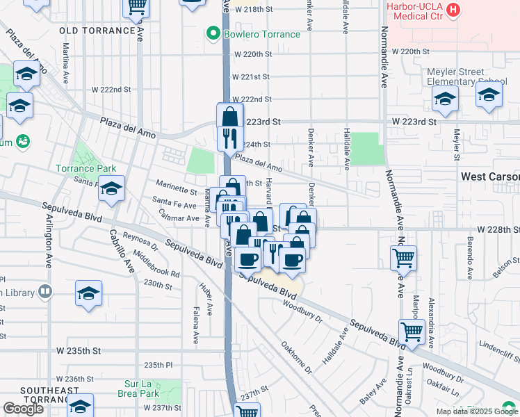 map of restaurants, bars, coffee shops, grocery stores, and more near 1612 West 227th Street in Torrance