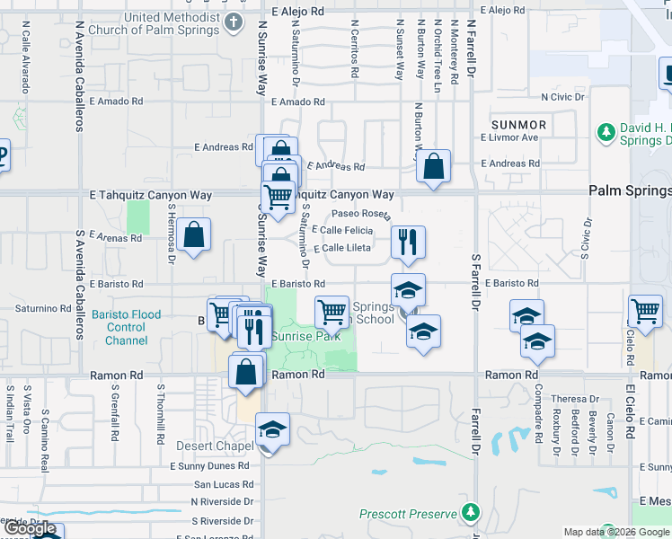 map of restaurants, bars, coffee shops, grocery stores, and more near 2029 East Paseo Gracia in Palm Springs
