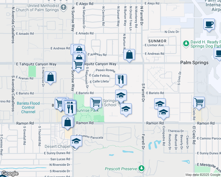 map of restaurants, bars, coffee shops, grocery stores, and more near 2183 East Paseo Gracia in Palm Springs
