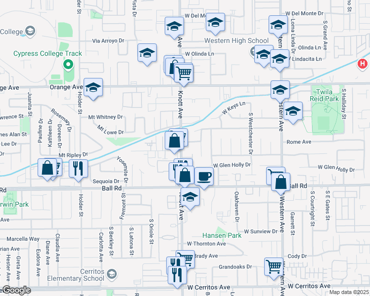 map of restaurants, bars, coffee shops, grocery stores, and more near 829 South Rome Place in Anaheim