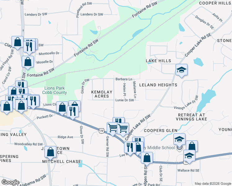 map of restaurants, bars, coffee shops, grocery stores, and more near 5493 Beaver Drive Southwest in Mableton