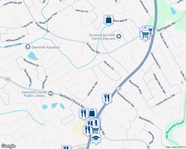 map of restaurants, bars, coffee shops, grocery stores, and more near 3031 Kittery Drive Southwest in Snellville