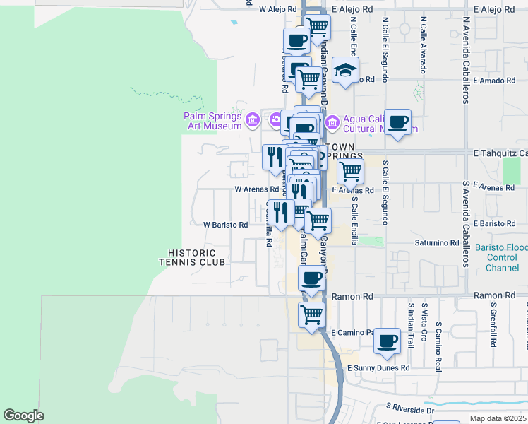 map of restaurants, bars, coffee shops, grocery stores, and more near 220 South Cahuilla Road in Palm Springs