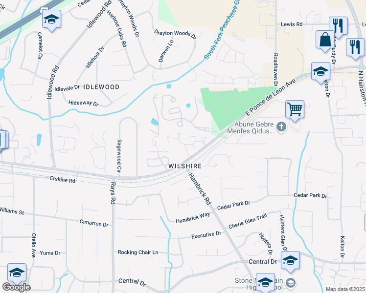 map of restaurants, bars, coffee shops, grocery stores, and more near 1366 Kingsgate Drive in Stone Mountain