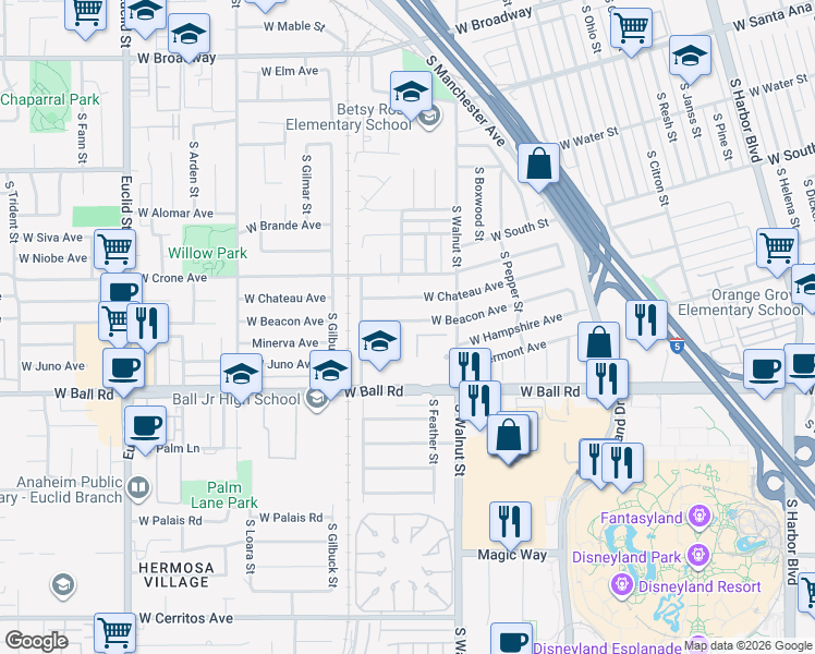 map of restaurants, bars, coffee shops, grocery stores, and more near 1307 West Beacon Avenue in Anaheim