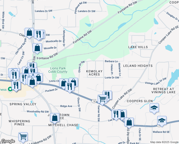 map of restaurants, bars, coffee shops, grocery stores, and more near 5481 Kemmie Lane in Mableton