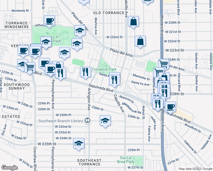 map of restaurants, bars, coffee shops, grocery stores, and more near 2757 Andreo Avenue in Torrance