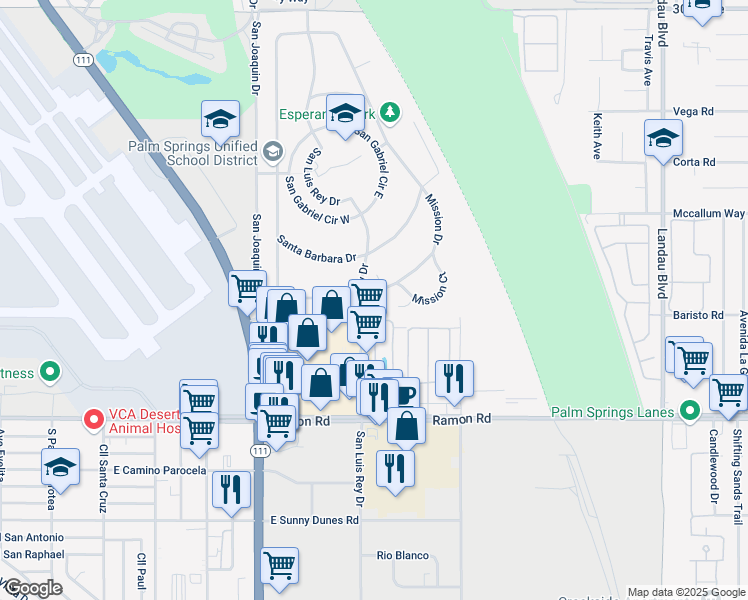 map of restaurants, bars, coffee shops, grocery stores, and more near 31390 San Luis Rey Drive in Cathedral City