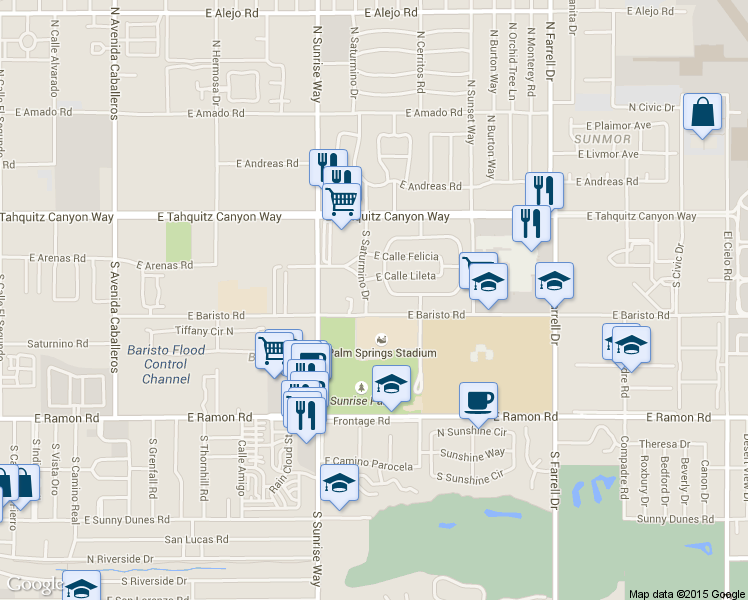 map of restaurants, bars, coffee shops, grocery stores, and more near 1945 East Calle Lileta in Palm Springs