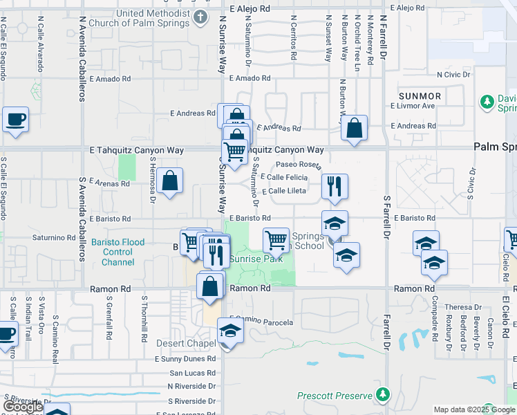 map of restaurants, bars, coffee shops, grocery stores, and more near 1945 East Calle Lileta in Palm Springs