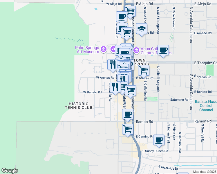map of restaurants, bars, coffee shops, grocery stores, and more near 220 South Cahuilla Road in Palm Springs