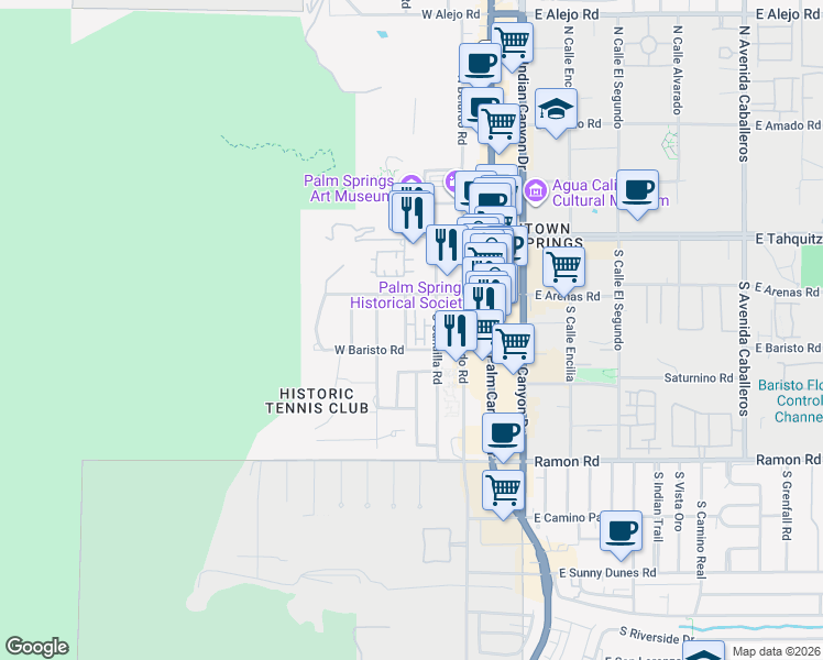 map of restaurants, bars, coffee shops, grocery stores, and more near 226 South Lugo Road in Palm Springs