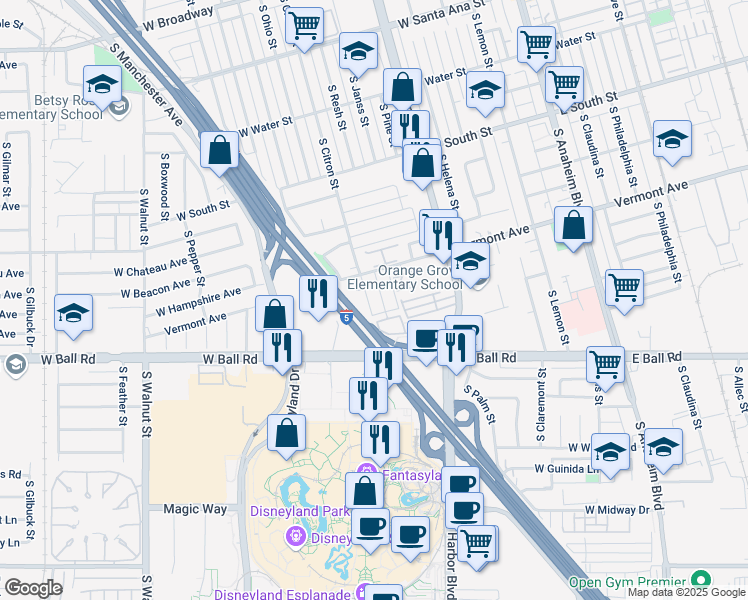 map of restaurants, bars, coffee shops, grocery stores, and more near 920 South Citron Street in Anaheim