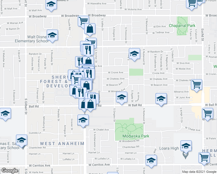 map of restaurants, bars, coffee shops, grocery stores, and more near 2121 West Beacon Avenue in Anaheim