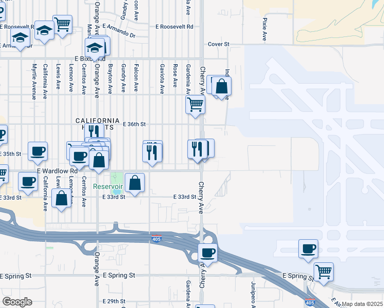 map of restaurants, bars, coffee shops, grocery stores, and more near 3500 Gardenia Avenue in Long Beach