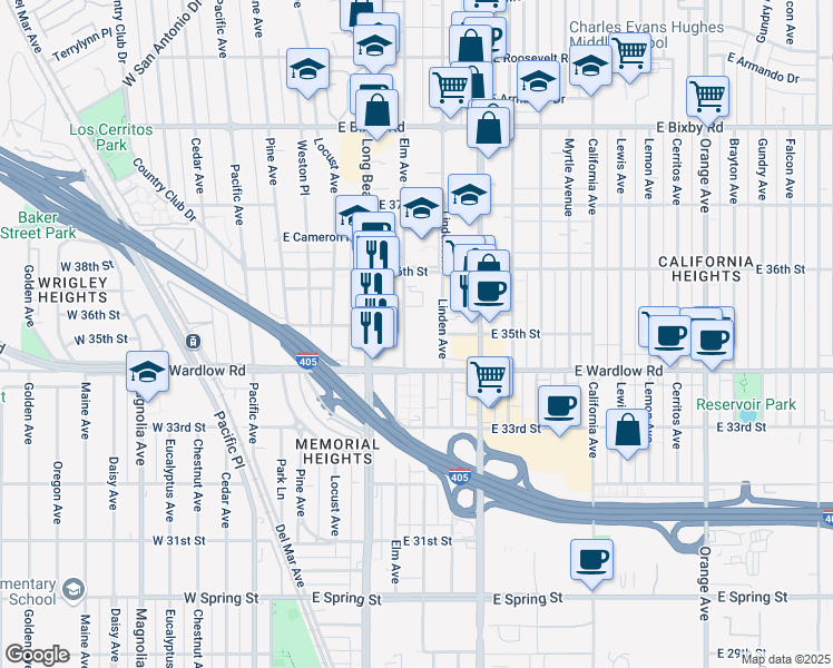 map of restaurants, bars, coffee shops, grocery stores, and more near 3510 Elm Avenue in Long Beach