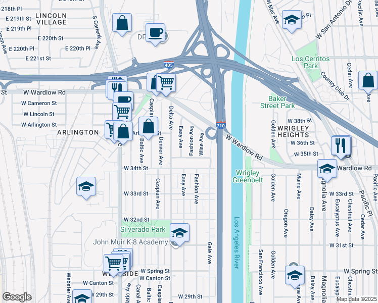 map of restaurants, bars, coffee shops, grocery stores, and more near 3524 Fashion Avenue in Long Beach