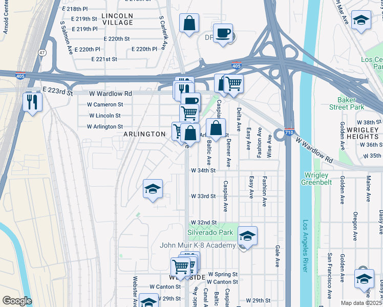 map of restaurants, bars, coffee shops, grocery stores, and more near 3510 Santa Fe Avenue in Long Beach
