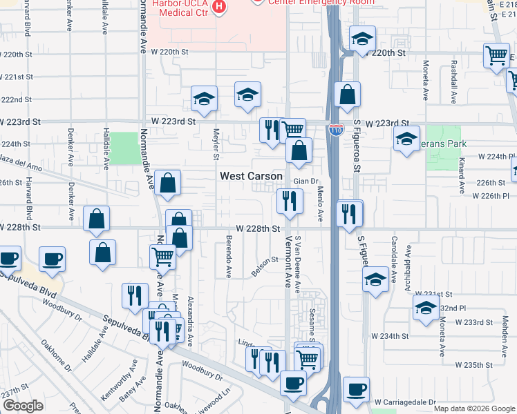 map of restaurants, bars, coffee shops, grocery stores, and more near 22606 Doble Avenue in Torrance
