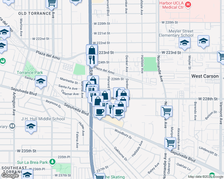 map of restaurants, bars, coffee shops, grocery stores, and more near 1601 West 227th Street in Torrance