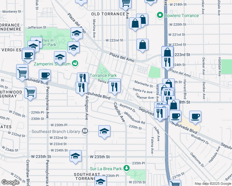 map of restaurants, bars, coffee shops, grocery stores, and more near 2652 Cabrillo Avenue in Torrance