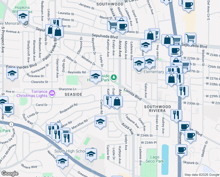 map of restaurants, bars, coffee shops, grocery stores, and more near 22827 Kathryn Avenue in Torrance