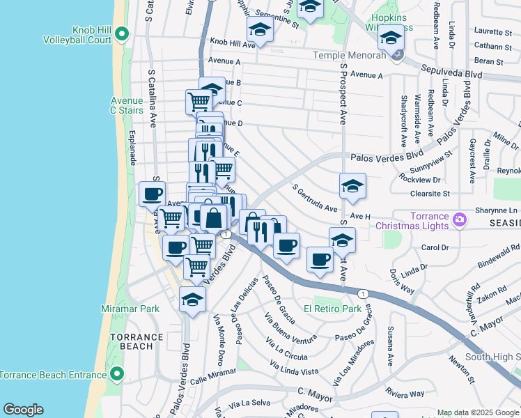 map of restaurants, bars, coffee shops, grocery stores, and more near 403 Avenue F in Redondo Beach