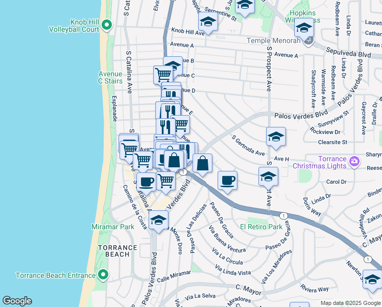 map of restaurants, bars, coffee shops, grocery stores, and more near 331 Avenue G in Redondo Beach