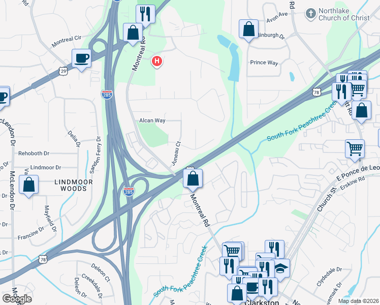 map of restaurants, bars, coffee shops, grocery stores, and more near 3487 Montreal Way in Tucker
