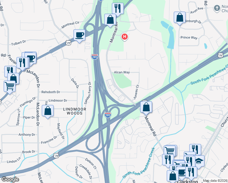 map of restaurants, bars, coffee shops, grocery stores, and more near 3306 Five Oaks Way in Tucker