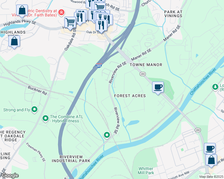 map of restaurants, bars, coffee shops, grocery stores, and more near 5341 Concordia Place in Atlanta