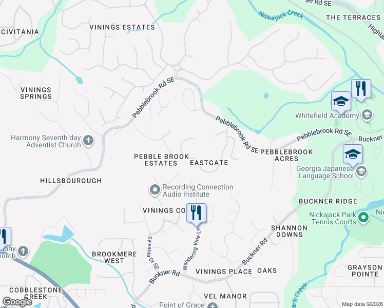 map of restaurants, bars, coffee shops, grocery stores, and more near 5559 Highland Preserve Drive in Mableton