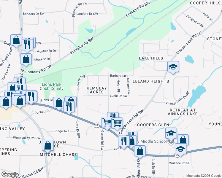 map of restaurants, bars, coffee shops, grocery stores, and more near 5493 Beaver Drive Southwest in Mableton