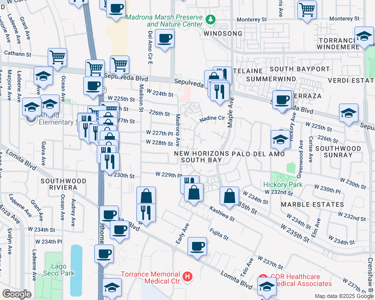 map of restaurants, bars, coffee shops, grocery stores, and more near 23009 Nadine Circle in Torrance