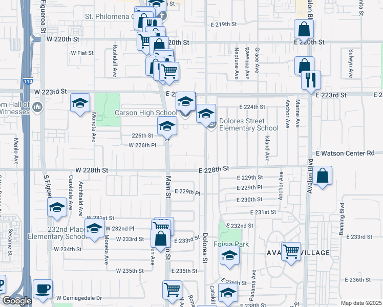 map of restaurants, bars, coffee shops, grocery stores, and more near 213 East 227th Street in Carson