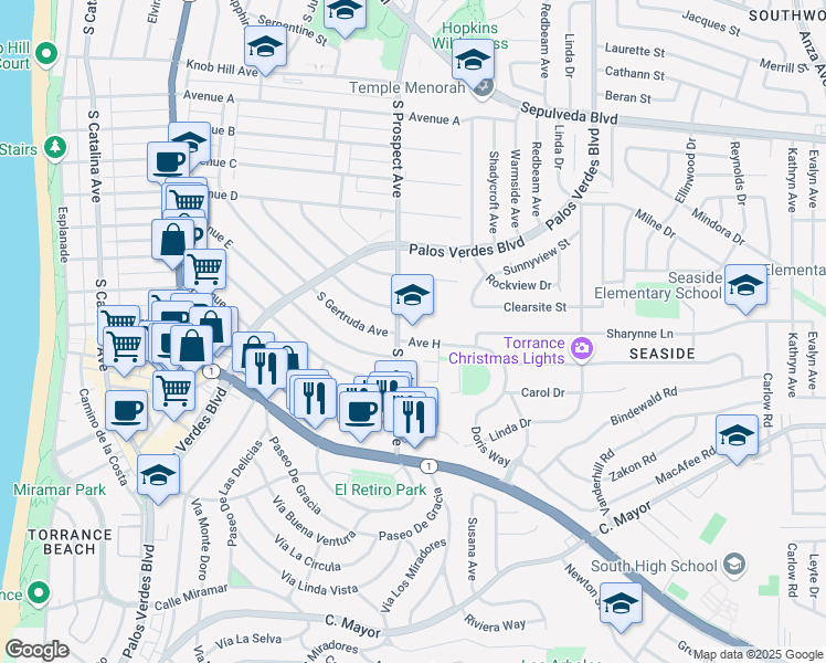 map of restaurants, bars, coffee shops, grocery stores, and more near 1520 South Prospect Avenue in Redondo Beach