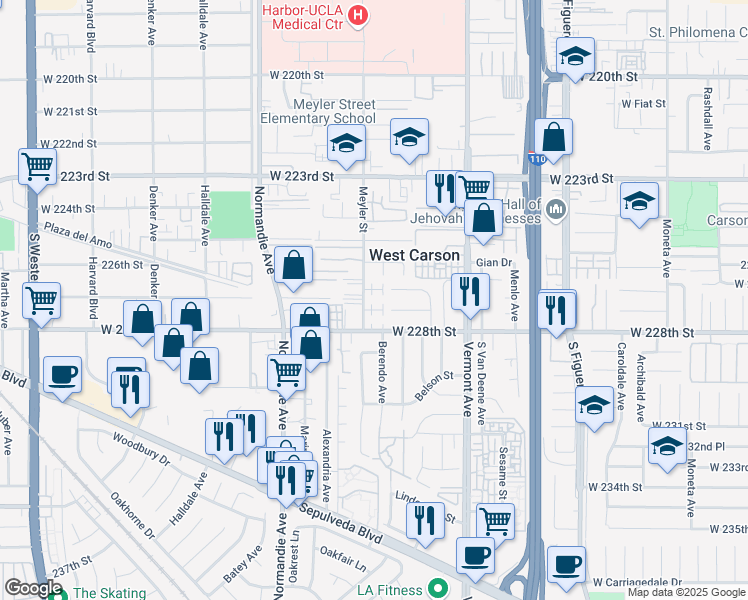 map of restaurants, bars, coffee shops, grocery stores, and more near 22668 Meyler Street in Torrance