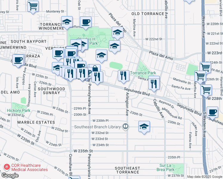 map of restaurants, bars, coffee shops, grocery stores, and more near 2270 Sepulveda Boulevard in Torrance