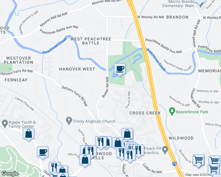 map of restaurants, bars, coffee shops, grocery stores, and more near 2395 Bohler Road Northwest in Atlanta