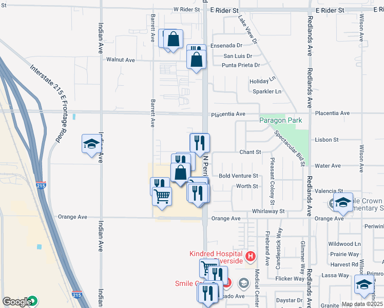 map of restaurants, bars, coffee shops, grocery stores, and more near 2700 North Perris Boulevard in Perris