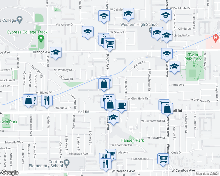 map of restaurants, bars, coffee shops, grocery stores, and more near 829 South Rome Place in Anaheim