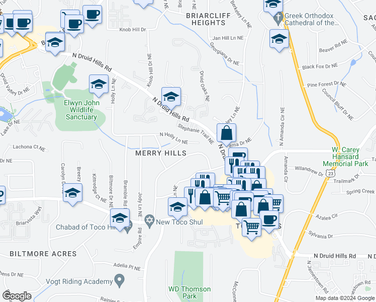 map of restaurants, bars, coffee shops, grocery stores, and more near 1398 Christmas Lane Northeast in Atlanta