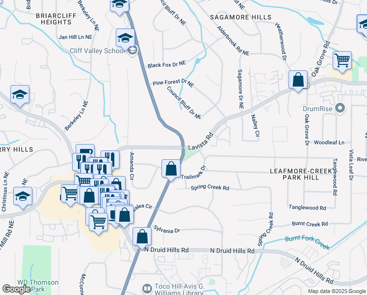 map of restaurants, bars, coffee shops, grocery stores, and more near Lavista Rd & Clairmont Rd in North Druid Hills
