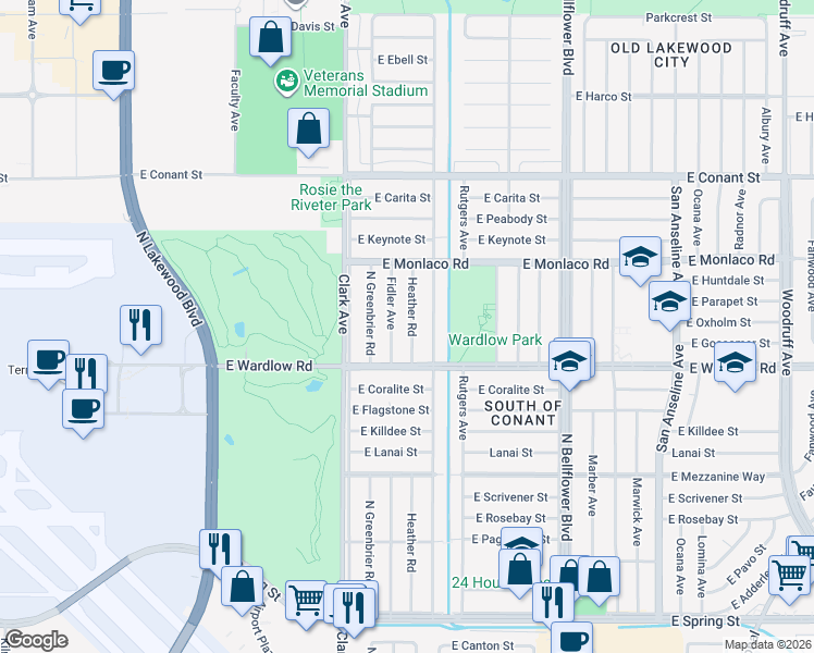 map of restaurants, bars, coffee shops, grocery stores, and more near 3454 Heather Road in Long Beach
