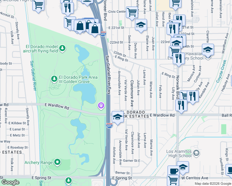 map of restaurants, bars, coffee shops, grocery stores, and more near 7825 East Topia Street in Long Beach