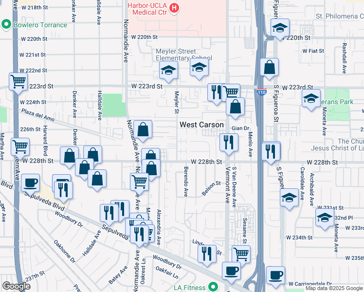 map of restaurants, bars, coffee shops, grocery stores, and more near 22668 Meyler Street in Torrance