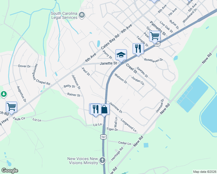 map of restaurants, bars, coffee shops, grocery stores, and more near 3101 U.S. 701 Highway in Conway
