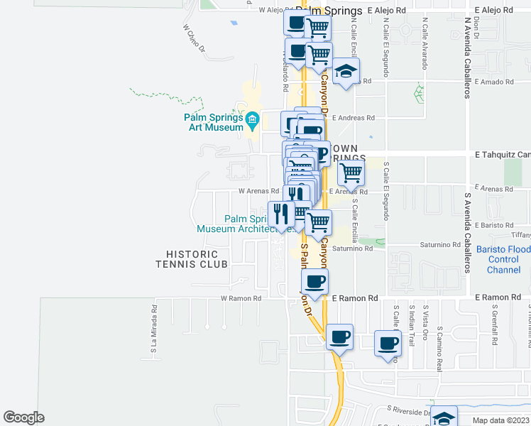 map of restaurants, bars, coffee shops, grocery stores, and more near 247 South Cahuilla Road in Palm Springs