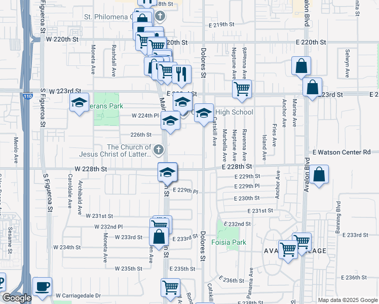 map of restaurants, bars, coffee shops, grocery stores, and more near 213 East 227th Street in Carson